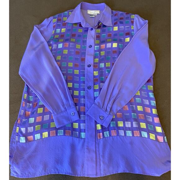Vtg Diane Gilman Sz M 100% Silk Purple Watercolor Tile RARE Button Up LS Shirt - Picture 6 of 10